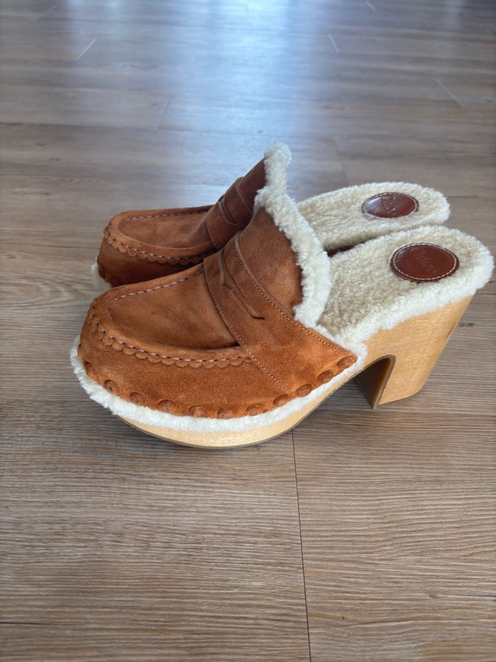 Chloe Chestnut Suede Shearling Clog Mules
